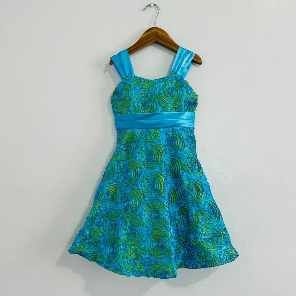 Rare Editions Blue Green Floral Ribbon Dress